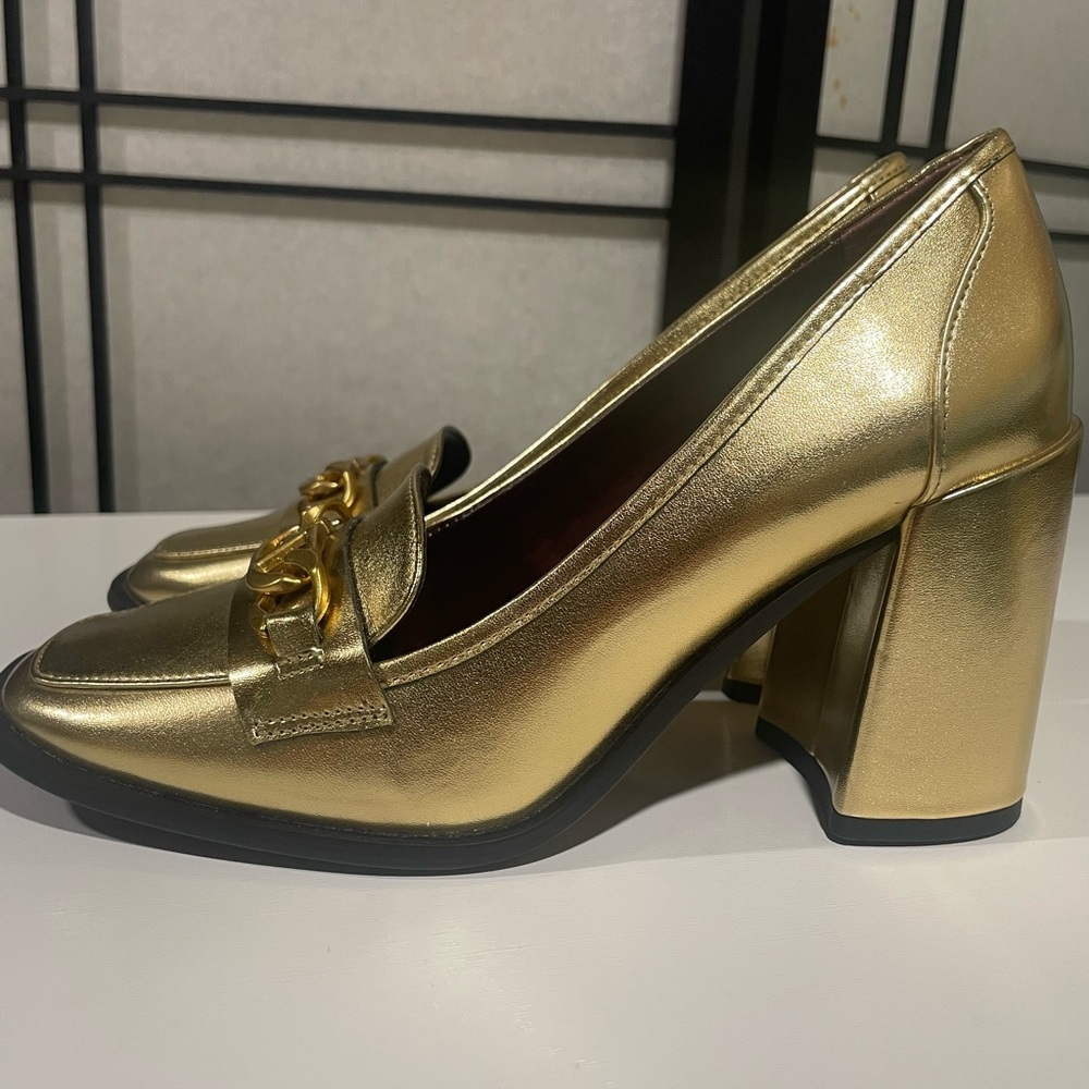 Women's Size 8 Franco Sarto Miri Loafer Gold Block High Heel Pump Shoes - Picture 10 of 12